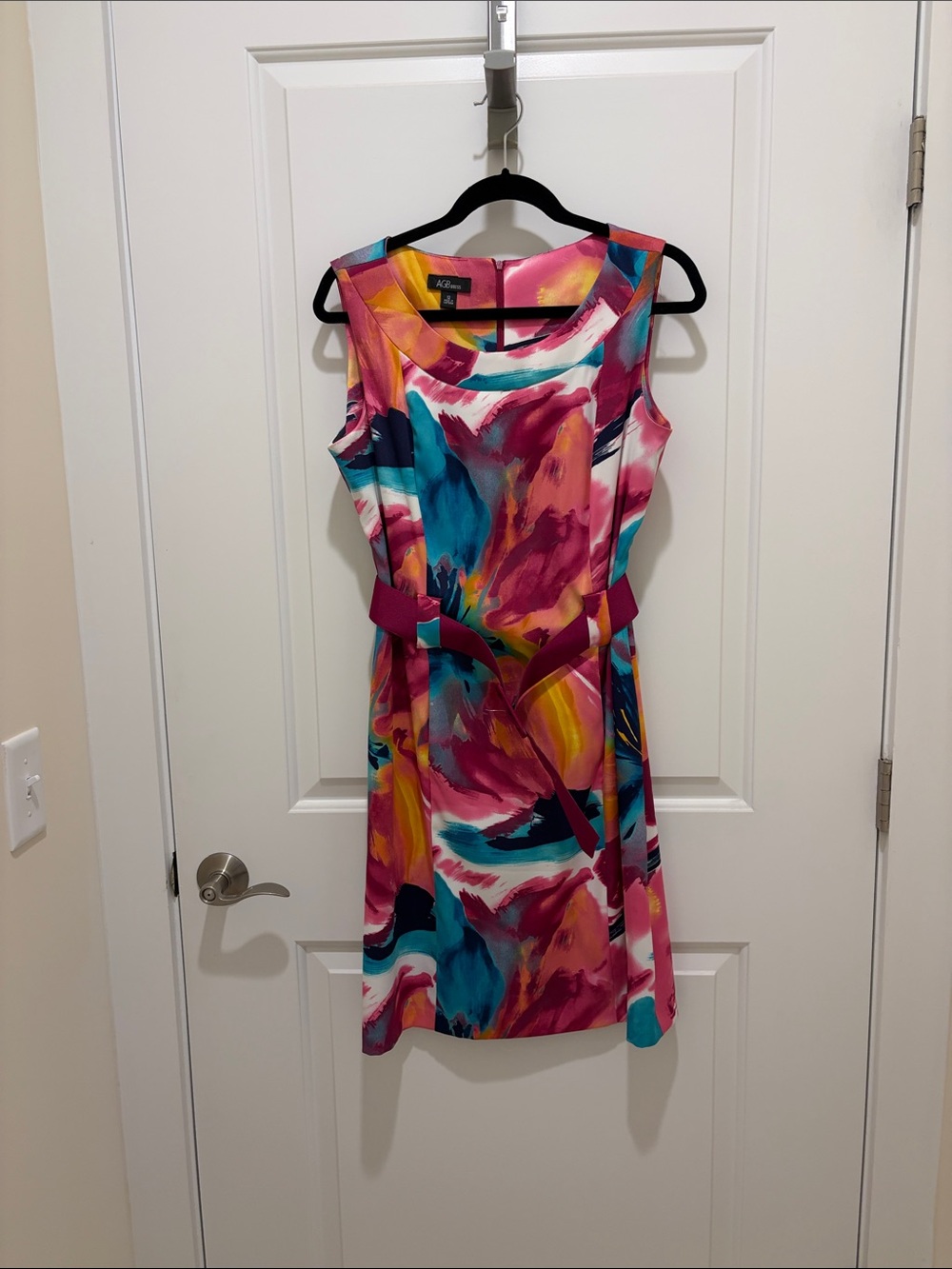 AGB Multicolor Abstract Scoop Neck Midi Dress - Pink, Teal, Yellow